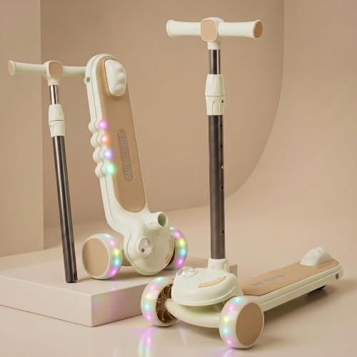 Image of Baybee Vector Baby Premium Kick Scooter for Kids with 4 Height Adjustable | Foldable Kids Scooter with RGB Light, Music | Skate Scooters with Rear Brake | Runner Scooters for Kid 2 to 10 Years (Beige)