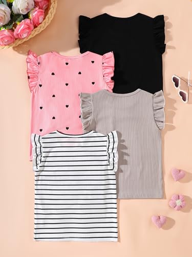 Girls 4 Packs Tees Ruffle Short Sleeve T-Shirt Ribbed Knit Casual Summer Tunic Tops 4-12 Years2