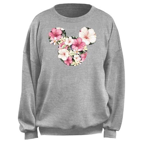 Disney Women's Junior's Tropical Mouse Oversized Fleece, Heather Grey, Large
