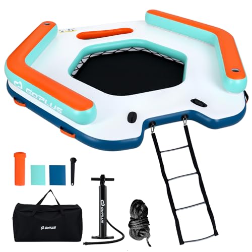 Goplus Inflatable Floating Dock 8.7X 8.7FT Inflatable Dock Platform w/Detachable Ladder&Backrests Carry Bag Water Mat Floating Platform Island Raft for Lake Beach Pool