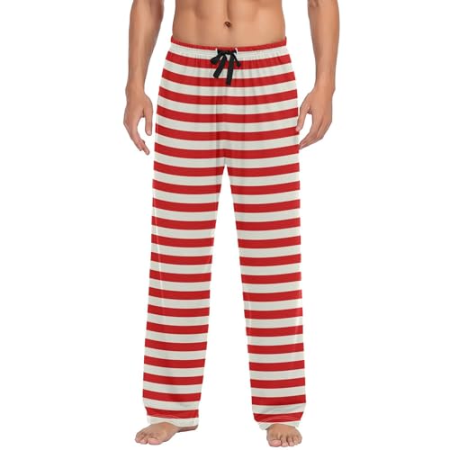 BRIVOKA Men's Red and White Stripes Pajama Pants Sleep Long Pants, Nightwear Pjs Bottoms with Elastic Waist XL