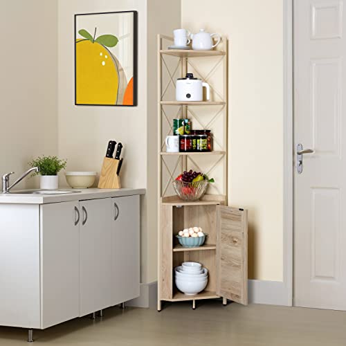 Finnhomy Corner Shelf With Cabinet, 71 Inches Multipurpose Corner Cabinet With Rattan Decorated Doors, Corner Storage Shelves For Bedroom, Living Room, Kitchen, Bathroom, Natural #TOP3