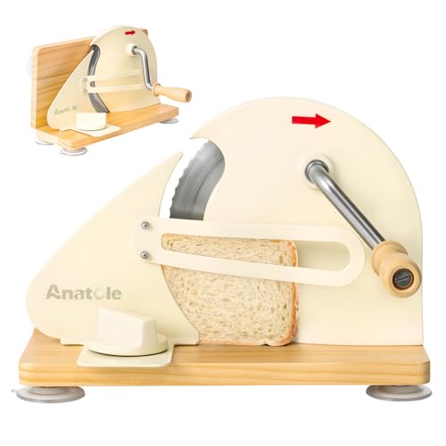 Anatole Trancheuse à Pain Manuelle Pliable 0-20mm Réglable Acier Inox Coupe Pain Professionnel avec Manivelle Amovible Guide Métallique Échelle Gravée pour Cuisines