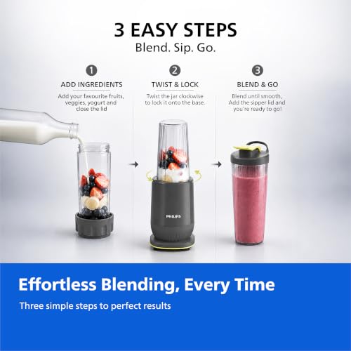 Image of Philips HR2612 /00 Mini Blender | 2 Unbreakable Food-Grade PC Jars | ProBlend Technology for Smooth Blending in seconds | Blend & Carry Jar | Superfood Smoothies, Protein Shakes, Dips & more (Grey)