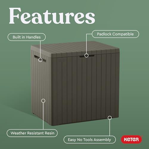 Image of Keter City 30 Gallon Resin Outdoor Storage Box and Patio Furniture Side Table for Pool and Garden Accessories, Taupe