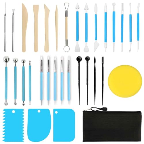 HATOVI 33 Stücke Ton Töpfer Modellierwerkzeug, Töpferwerkzeug mit Dabbing Tool, Tonwerkzeug Sculpting Tools für DIY Sculpd Pottery