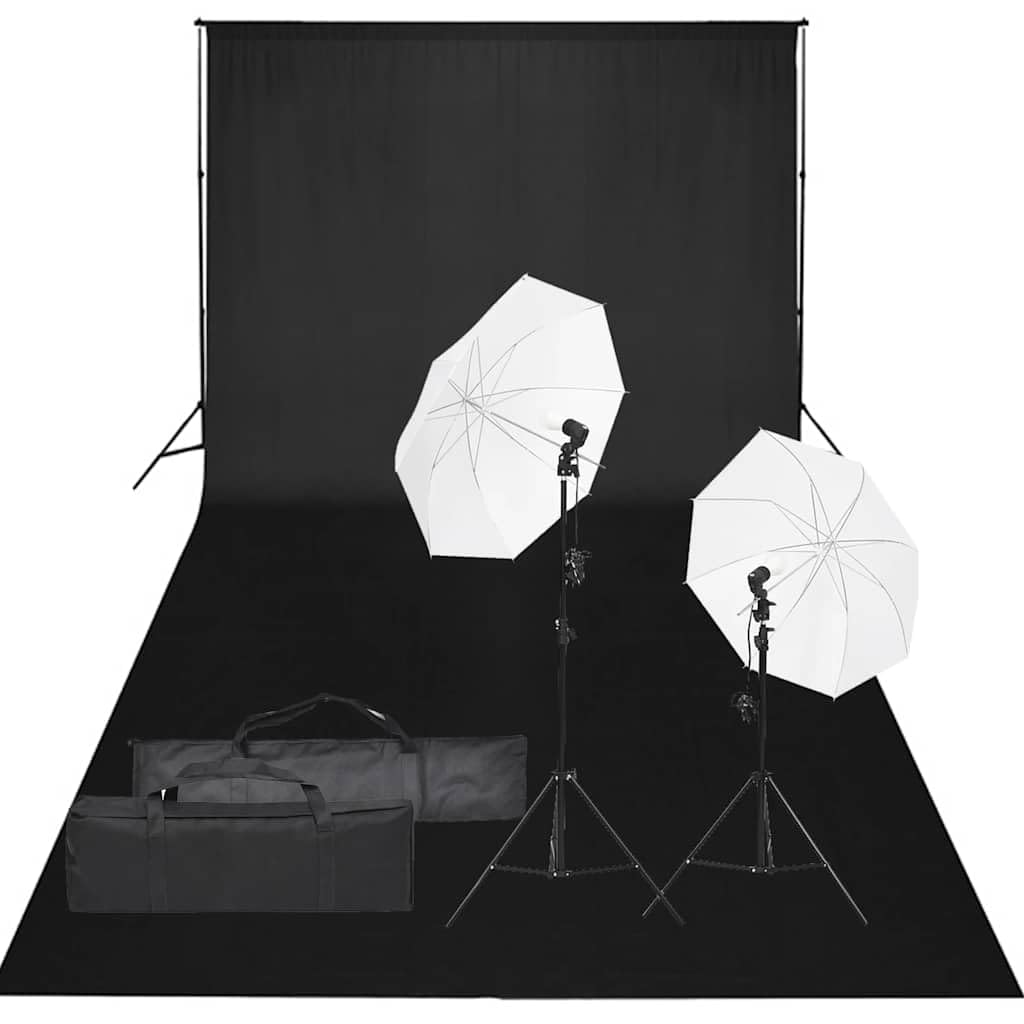 Set da studio fotografico con illuminazione, 2 lampade a luce diurna 5500 K, 2 treppiedi in alluminio 78-230 cm, 2 ombrelli bianchi 84 cm, sistema di sfondo flessibile 600 x 300 cm, borsa per