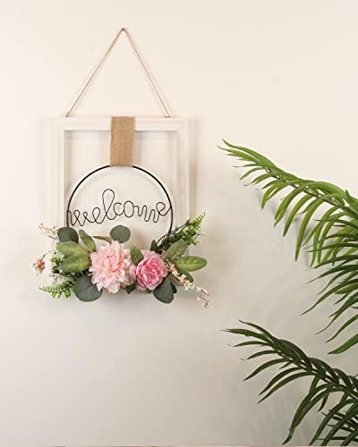 Home Decor Metal Welcome Sign Wooden Wreath Sign for Front Hanging Door Welcome Home Decorations Accessories Wall Art Outdoor Plaques Garden Signs for Entryway Living Room Wedding New Home Gift