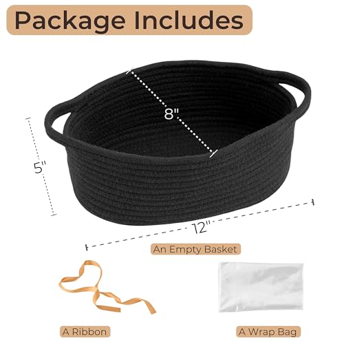 Image of Small Woven Gift Basket Empty with Bag & Ribbon, Storage Basket for Father's Day for Dad, Baby Shower, Raffle, Birthday, Cute Organizer with Handles, 12 inchx8 inchx5 inch, Black