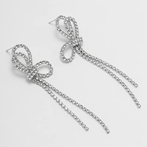 Rhinestone Silver Bow Earrings For Women - Hypoallergenic Silver Crystal Bowknot Tassels Statement Dangle Earrings Girls Teens (Silver Bow Earrings B) #TOP6