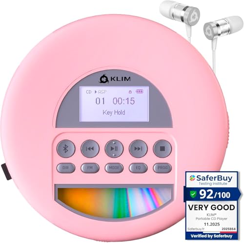 KLIM Nomad - Portable CD Player with Long-Lasting Battery - with Headphones - Radio FM - Compatible MP3 CD Player Portable - TF Card Radio FM Bluetooth - Ideal for Cars (Pink)
