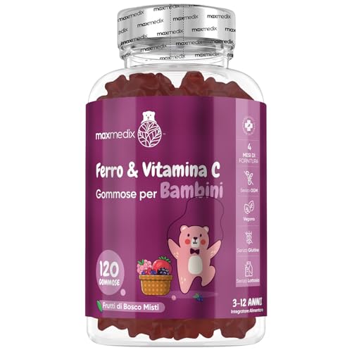 Ferro Bambini con Vitamine Gommose, 120 Caramelle Vegane ai Frutti di Bosco con Vit C, (4 Mesi di Fornitura) dai 3 ai 12 Anni, Integratore Ferro e Vitamina C Bambini Gommose, Prive di Glutine e OGM