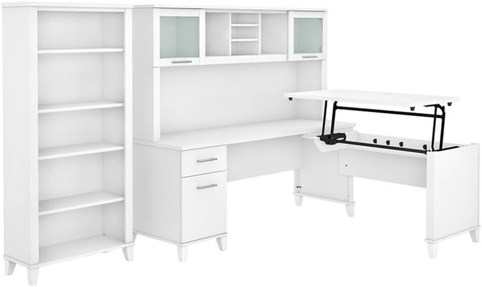 Pemberly Row Sit to Stand L-Shaped Desk with Hutch and 5-Shelf Bookcase, Engineered Wood, Gray Finish, 72W Office Set, Adjustable Heights, Storage Drawers, Ergonomic Workspace for Home or Office