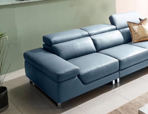 Image of Fabrique Cassa Leatherette 3 Seater Sofa Set Luxury Blue with Moveable Headrest | Stylish Home Office & Living Room Furniture | Lightweight Design with Durable Stainless Steel Legs
