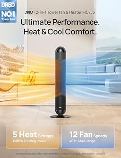 DREO Tower Fan and Heater Combo, 29.2ft/s Standing Fans for Bedroom, 17 Levels, 6 Modes, 120° Oscillation, 42 Inch, 12H Timer, 25dB Quiet, with Remote, for Office, Large Room, Black