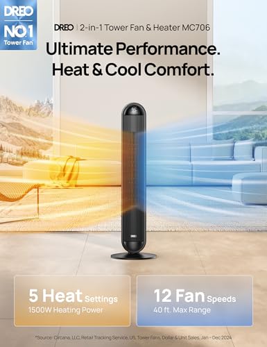 Image of DREO Tower Fan and Heater Combo, 29.2ft /s Standing Fans for Bedroom, 17 Levels, 6 Modes, 120 Oscillation, 42 Inch, 12H Timer, 25dB Quiet, with Remote, for Office, Large Room, Black