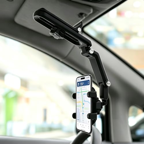 Hiravira Sun Visor Phone Holder 360 Rotatable and Extendable Car Phone Holder 1080 Multifunction Rear View Mirror Mobile Mount Hands-FreeCompatible with Most Smartphones (Black)