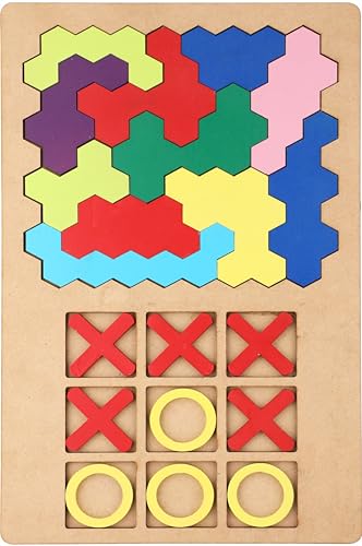 Image of SPARTAN KIDS 3D Wooden Hexagon Puzzle & Classic Tic Tac Toe Game - Montessori Educational Toy for Kids, Creative Shape Pattern Block, Two-in-One Early Learning Toy