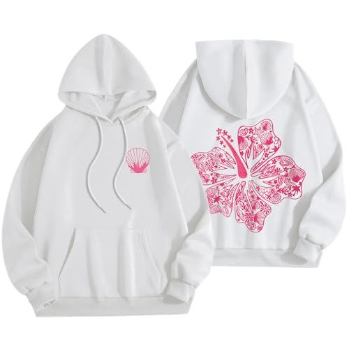 Lubpow Womens Cute Pink Flower Hoodie Aesthetic Preppy Hawaiian Hibiscus Sweatshirt Casual Puff Graphic Hoodies Pullover Tops(White,S)