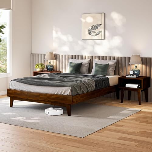 Image of Arman HANDICRAFTS Solid Wood Queen Size Platform Bed Frame with Upholstered Headboard, Heavy Duty Wooden Slats Support, 800 lbs Capacity, No Box Spring Required, Walnut Finish