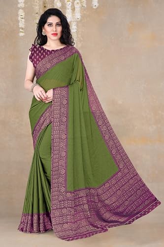 Image of MIRCHI FASHION Saree for Woman Chiffon Georgette Solid with Contrast Border | Lightweight Daily Wear Women's Sari and Printed Blouse Piece