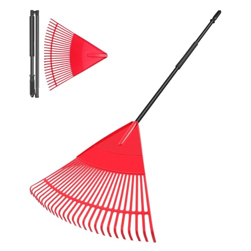 Garden Leaf Rake, 65.7' Garden Rakes with Foldable Lightweight Steel Handle, 26 Tines Plastic Head Shrub Rake, Folding Yard Garden Rake for Lawns, Grass, Flower Beds Leaves Cleaning, Black & Red