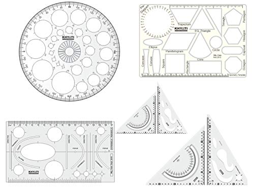KHYATI Pro Circle (25 Circles), Hyperbola Parabola Template, Geometry Template (16 Shapes), Set Square Big & Small Drafting Scale Ruler Useful to Architect, Engineering or Other Students (Set of 5)