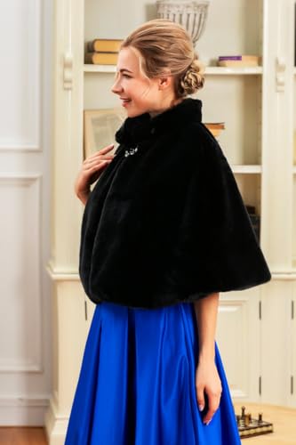 Ursumy Wedding Faux Fur Wrap Bridals Shawl Fur Stole Fur Scarf with Rhinestones Brooch for Bridal4