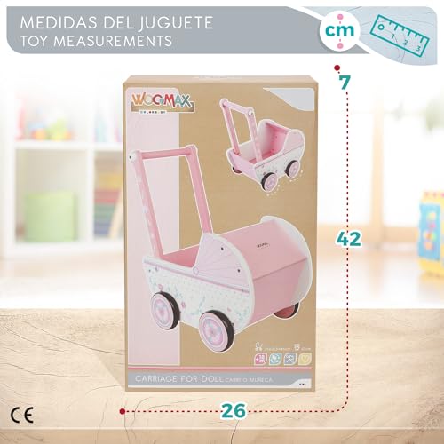 WOOMAX Holz, 26,5 x 39 x 46 cm, weiß, mit Rollen, für Puppen von 30 – 40, Babyspielzeug 3 Jahre, Puppenwagen (46475), Rosa Warenkorb