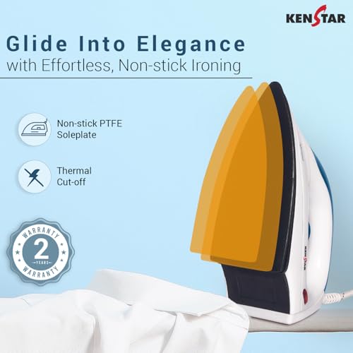 Image of Kenstar XPRESSO 1000W Dry Iron | Non-Stick PTFE Soleplate | Auto Cut-Off & Fabric Selector | 180 Swivel Cord | Blue & White