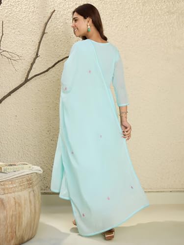 Image of INDO ERA Women's Pure Cotton Embroidered A-Line Kurta & Pant with Dupatta Set | Cotton kurta sets for women