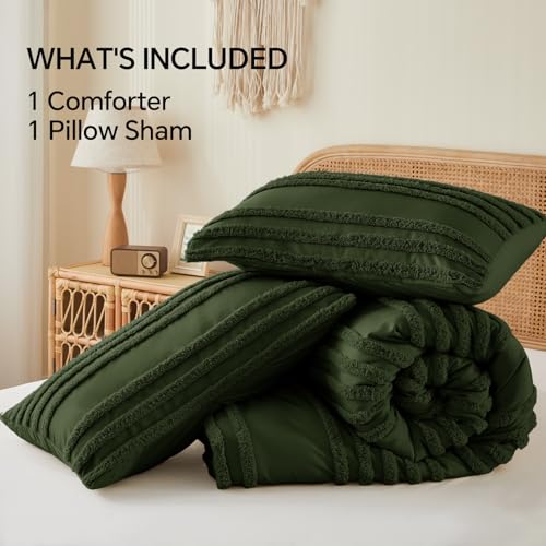 Image of BEDELITE Boho Twin /Twin XL Comforter Set,Olive Green Tufted Striped Bed Set 2 Pieces, Soft Vintage Farmhouse Comforter for College, Boho Home Dorm Decor, Fluffy Jacquard Bedding with 1 Pillow Sham