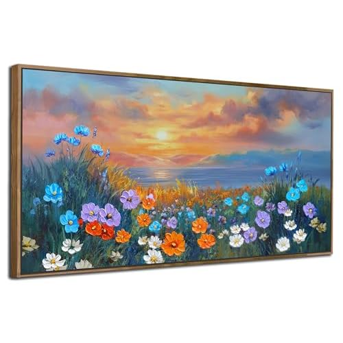 Ardemy Wildflower Wall Art for Living Room Large Framed Floral Canvas Pictures Bedroom Wall Decor, Sunset Painting Flower Textured Artwork for Wall Dining Room Home Office 48"x24" 48"L x 24"