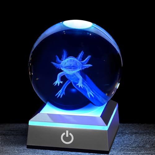 Image of 3D Axolotl Crystal Night Light with Multicolor LED Base Glass Laser Engraved Axolotl Figurines Gifts for Boys Girls Lovers Birthday Christmas Room Decor