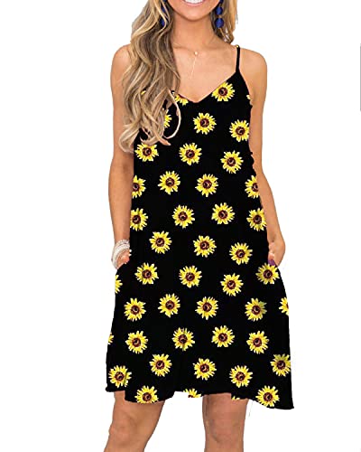 Image of Women's Summer Spaghetti Strap Casual Swing Tank Beach Cover Up Dress with Pockets