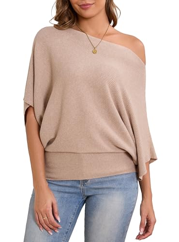 MAKARTHY Womens Batwing Sleeves Knitted Dolman Pullovers Boat Neck Tops Sweatershirts