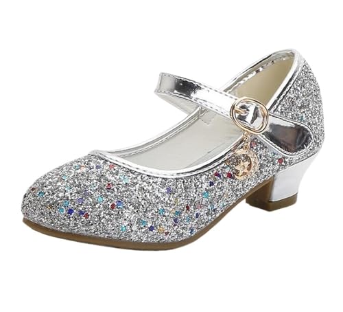 Prinsessa skor flickor höga klackar för barn, läderskor prinsessa, festskor, bröllop, rund tå, 1–3 cm (Slivery, 28)