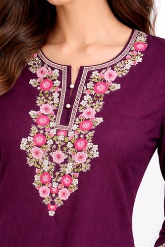 Image of HAUTEMODA Women Cotton Floral Embroidered Short Kurti, Tunic, Three-Fourth Sleeves, White