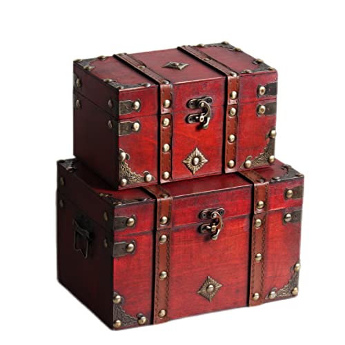 Conjunto de 2 caixas de madeira para baú de tesouro, caixa de bruxaria, caixa de bruxa decorativa de armazenamento com fechadura, caixas decorativas feitas à mão com tampas, cofres de armazenamento