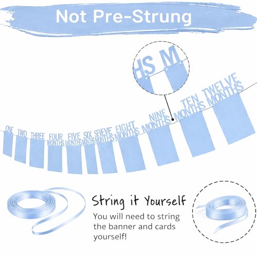 Image of Velunza Baby Monthly Photo Banner Blue First Year Milestone Photo Banner Newborn to Twelve Months Photo Display for Baby Shower, First Birthday Decoration - 13 Cards