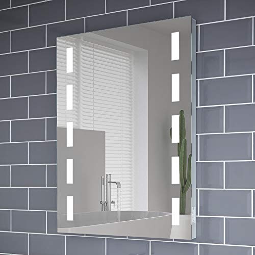 Pebble Grey Illuminated Bathroom Mirror with LED Lights 600x800mm IP44 Rated - Lola LED Bathroom Mirror with Shaver Socket,Concealed Heated Demister Pad, & Motion Sensor, Wall-Mounted Vanity Mirrors