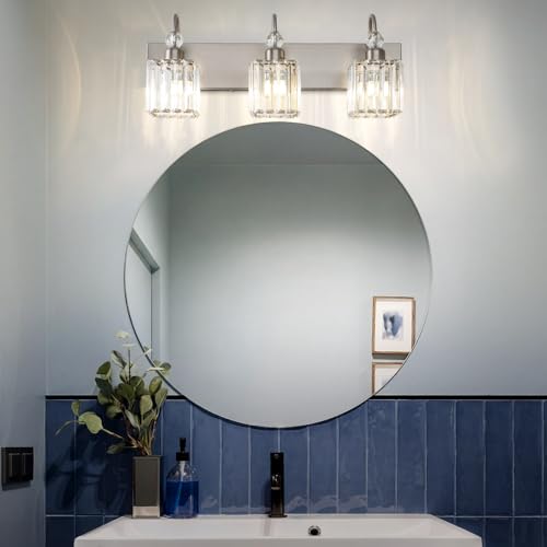 Image of Ralbay Brushed Nickel Vanity Light for Bathroom Crystal 3-Light Modern Crystal Bathroom Light Fixtures