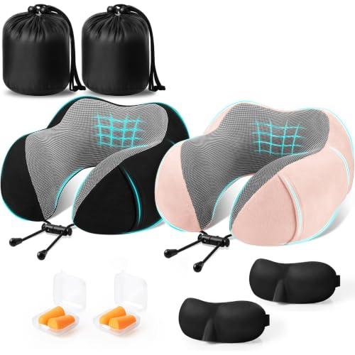 Image of CloudBliss Memory Foam Travel Neck Pillow Airplane, Set of 2, Black & Pink