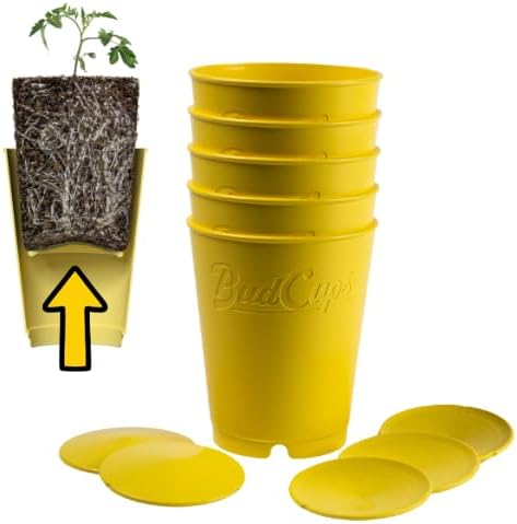 BudCups for Optimal Gardening | 16oz Nursery Pots | Removable Bottom Plate for Easy & Shock-Free Transplant | Triple Drainage for Water Control to Prevent Root Rot (Yellow, 5-Pack)