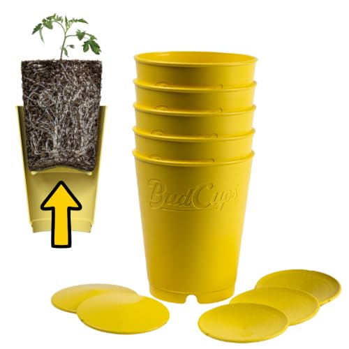 BudTrainer BudCups for Optimal Gardening | 16oz Nursery Pots | Removable Bottom Plate for Easy & Shock-Free Transplant | Triple Drainage for Water Control to Prevent Root Rot (Yellow, 5-Pack)