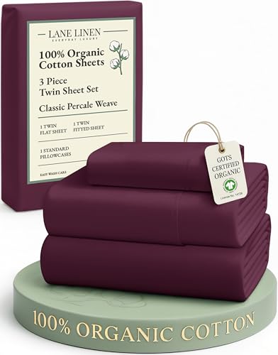 Image of LANE LINEN Sustainably Produced 100% Organic Cotton Twin Bed Sheet Set, Soft & Breathable Naturally Cool Temperature Regulating Twin Sheet Set, Low Pilling Fade Resistant Bed Sheets- Windsor Wine
