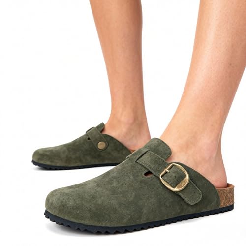 Image of ZUSERIS Suede Clogs for Women Men Wide Width Leather Mules | Soft Cork Footbed,Arch Support,Comfort Potato Shoes