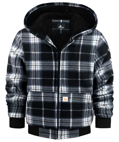 Image of V VALANCH Boys Flannel Jacket Hooded Fleece Lined Zip-up Hoodies Plaid Coat for Kids