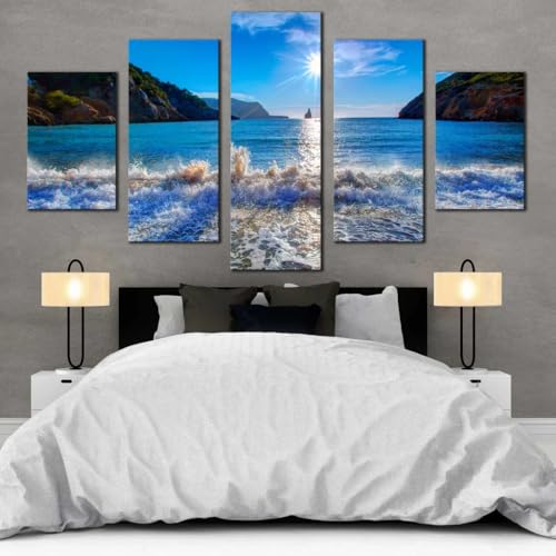 Tableau decoration murale plage Ibiza et vagues de l'océan grand format pour salon