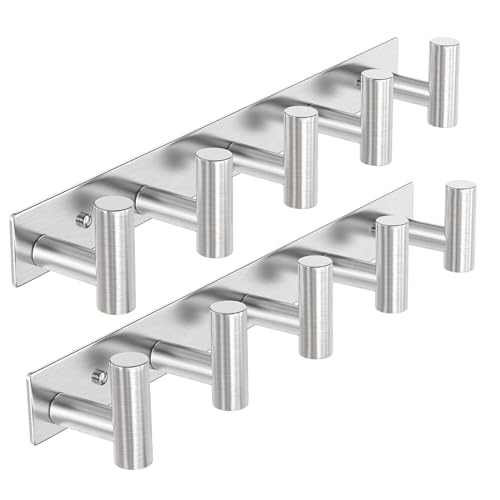 Image of VAEHOLD Silvery Hat and Coat Wall Mount Rack - 5 Hooks for Robes, Bags, Keys, and Towels - Bathroom Towel Hanger Organizer (2 Pack)